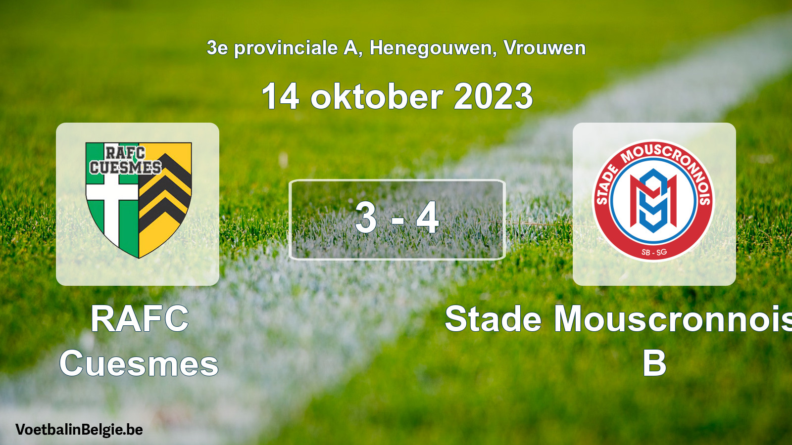 Gespeelde wedstrijd vrouwenvoetbal: RAFC Cuesmes - Stade Mouscronnois SG B 3 - 4 (14 oktober 2023)