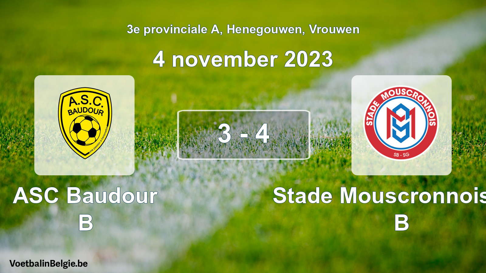 Gespeelde wedstrijd vrouwenvoetbal: ASC Baudour B - Stade Mouscronnois SG B 3 - 4 (4 november 2023)