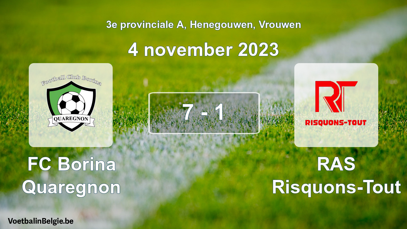 Gespeelde wedstrijd vrouwenvoetbal: FC Borina Quaregnon - RAS Risquons-Tout 7 - 1 (4 november 2023)