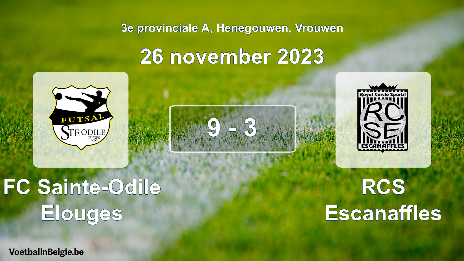 Gespeelde wedstrijd vrouwenvoetbal: FC Sainte-Odile Elouges - RCS Escanaffles 9 - 3 (26 november 2023)