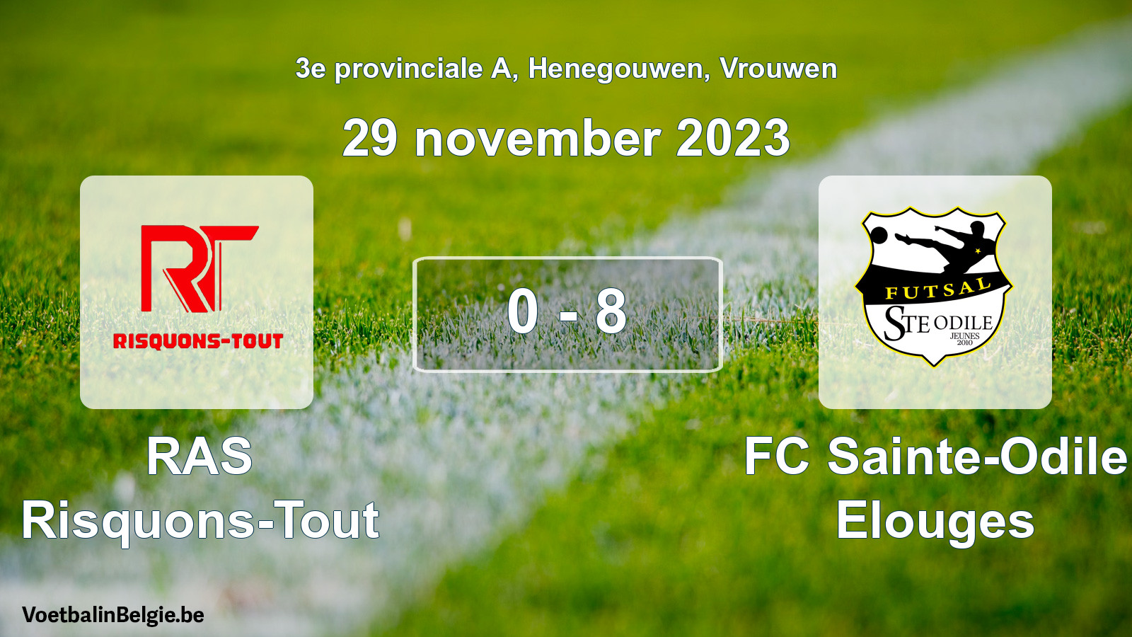 Gespeelde wedstrijd vrouwenvoetbal: RAS Risquons-Tout - FC Sainte-Odile Elouges 0 - 8 (29 november 2023)