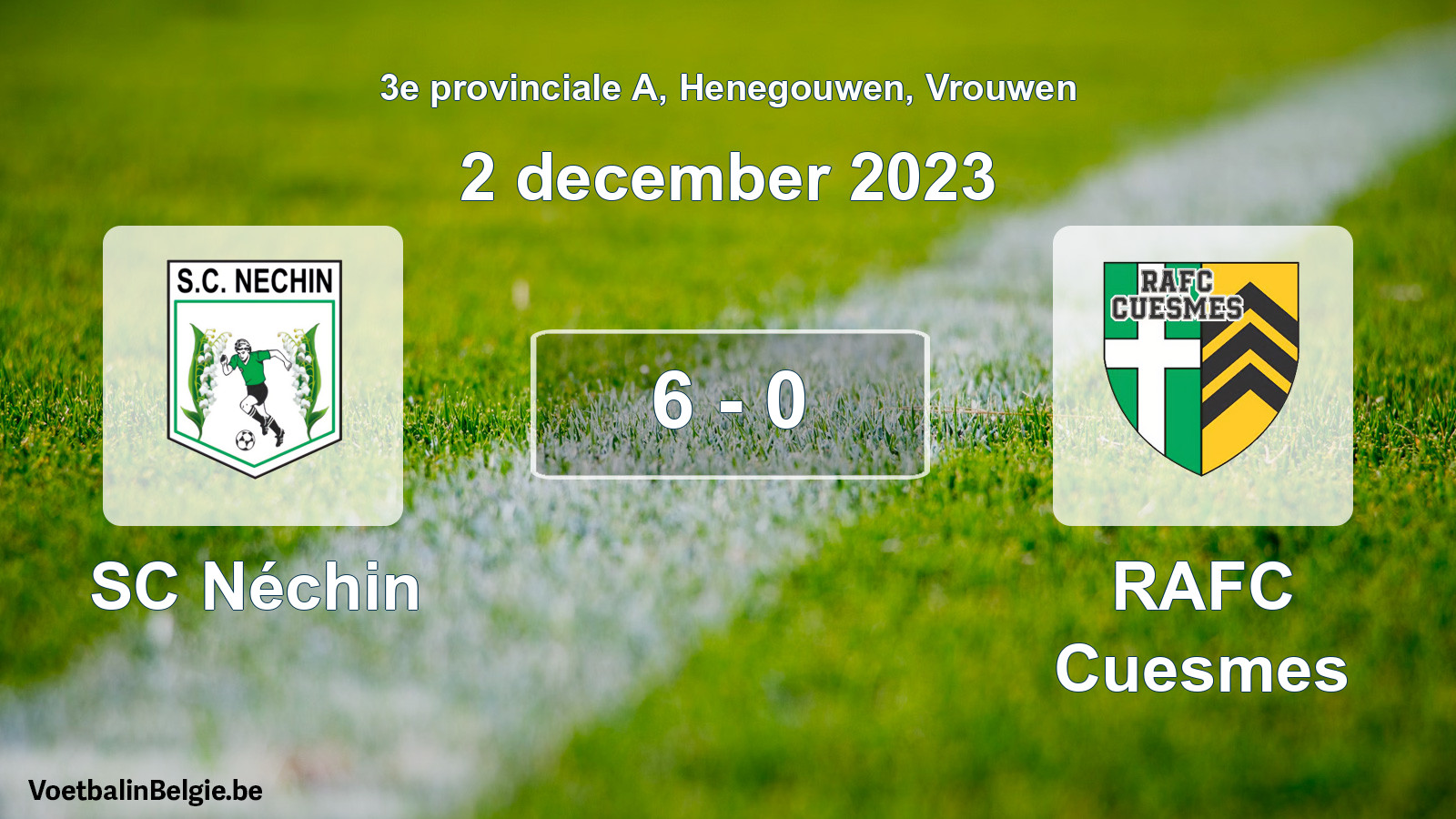 Gespeelde wedstrijd vrouwenvoetbal: SC Néchin - RAFC Cuesmes 6 - 0 (2 december 2023)