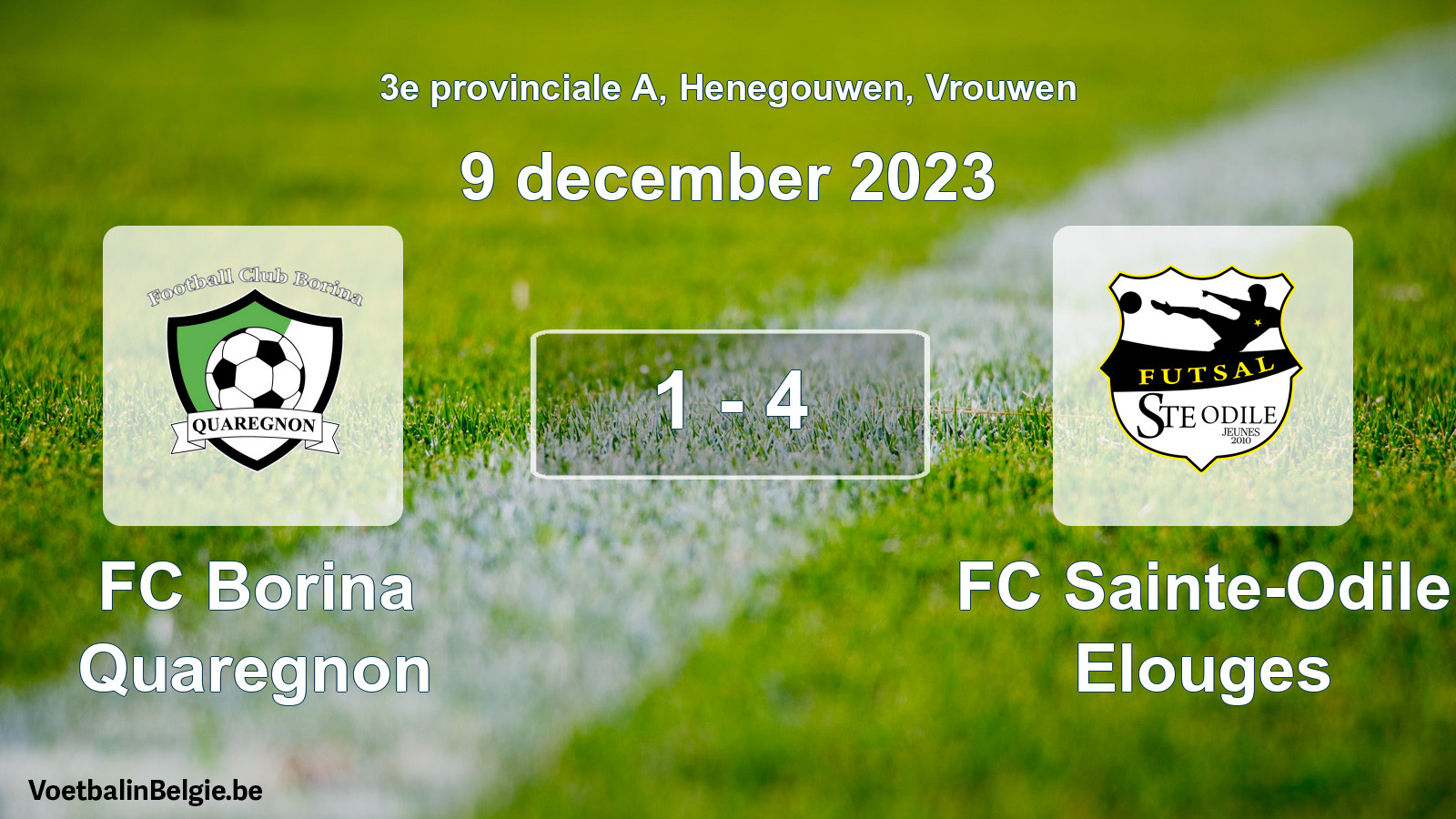 Gespeelde wedstrijd vrouwenvoetbal: FC Borina Quaregnon - FC Sainte-Odile Elouges 1 - 4 (9 december 2023)