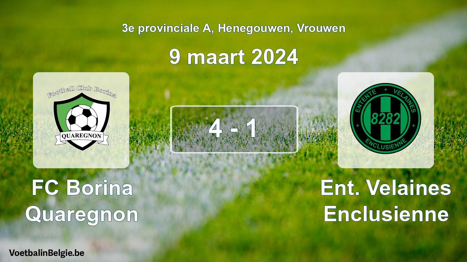 Gespeelde wedstrijd vrouwenvoetbal: FC Borina Quaregnon - Ent. Velaines Enclusienne 4 - 1 (9 maart 2024)