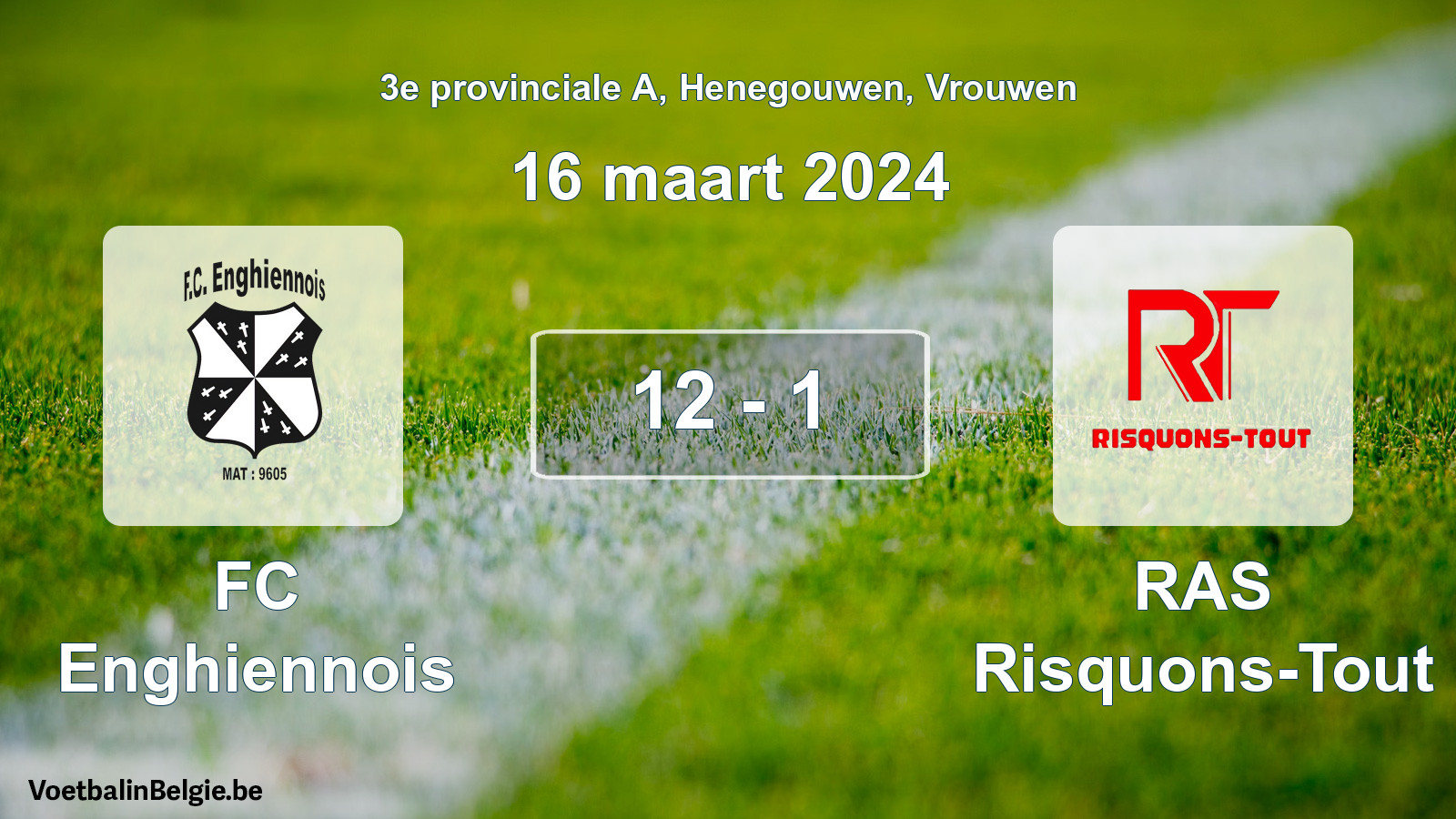 Gespeelde wedstrijd vrouwenvoetbal: FC Enghiennois - RAS Risquons-Tout 12 - 1 (16 maart 2024)