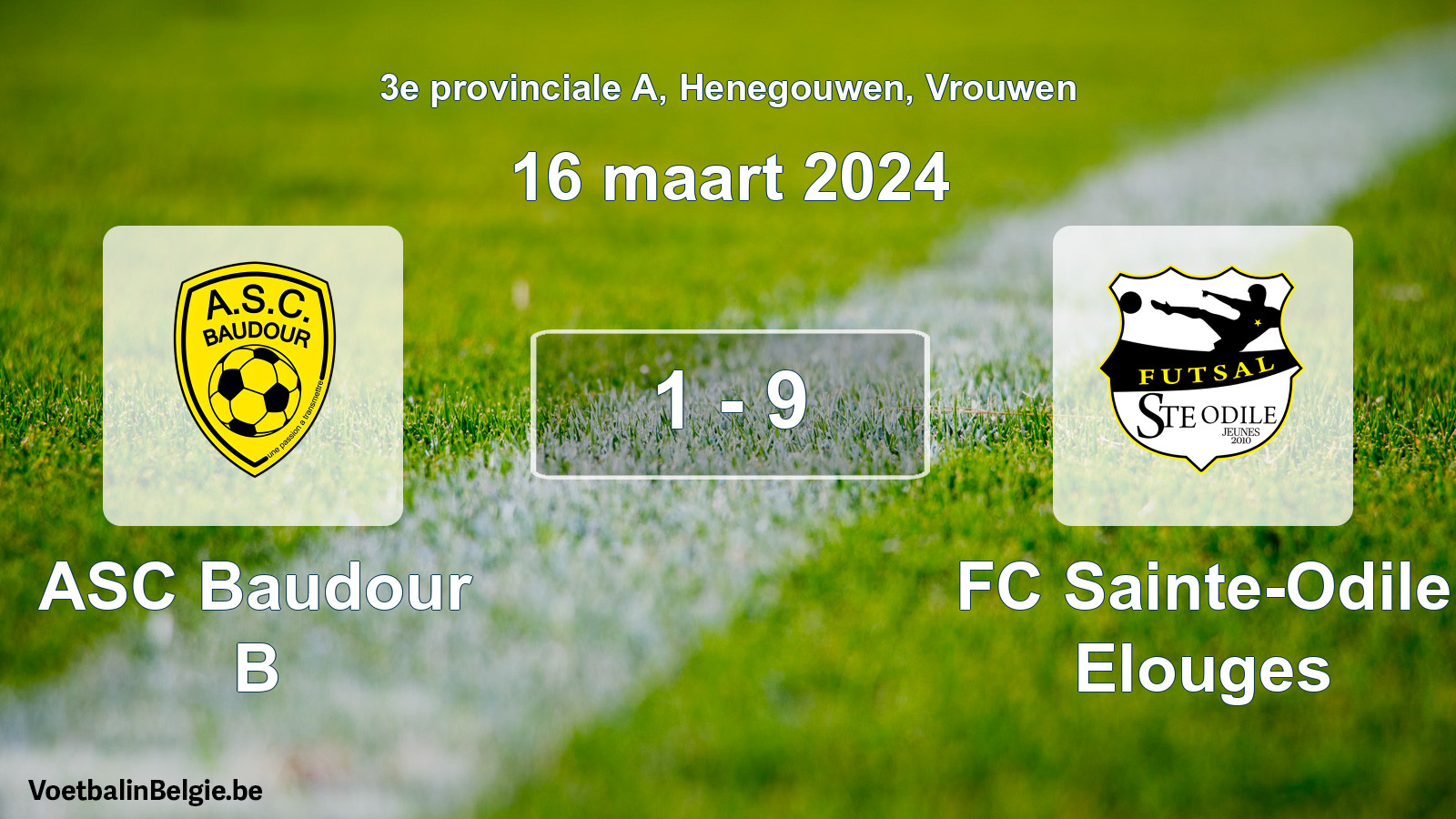Gespeelde wedstrijd vrouwenvoetbal: ASC Baudour B - FC Sainte-Odile Elouges 1 - 9 (16 maart 2024)