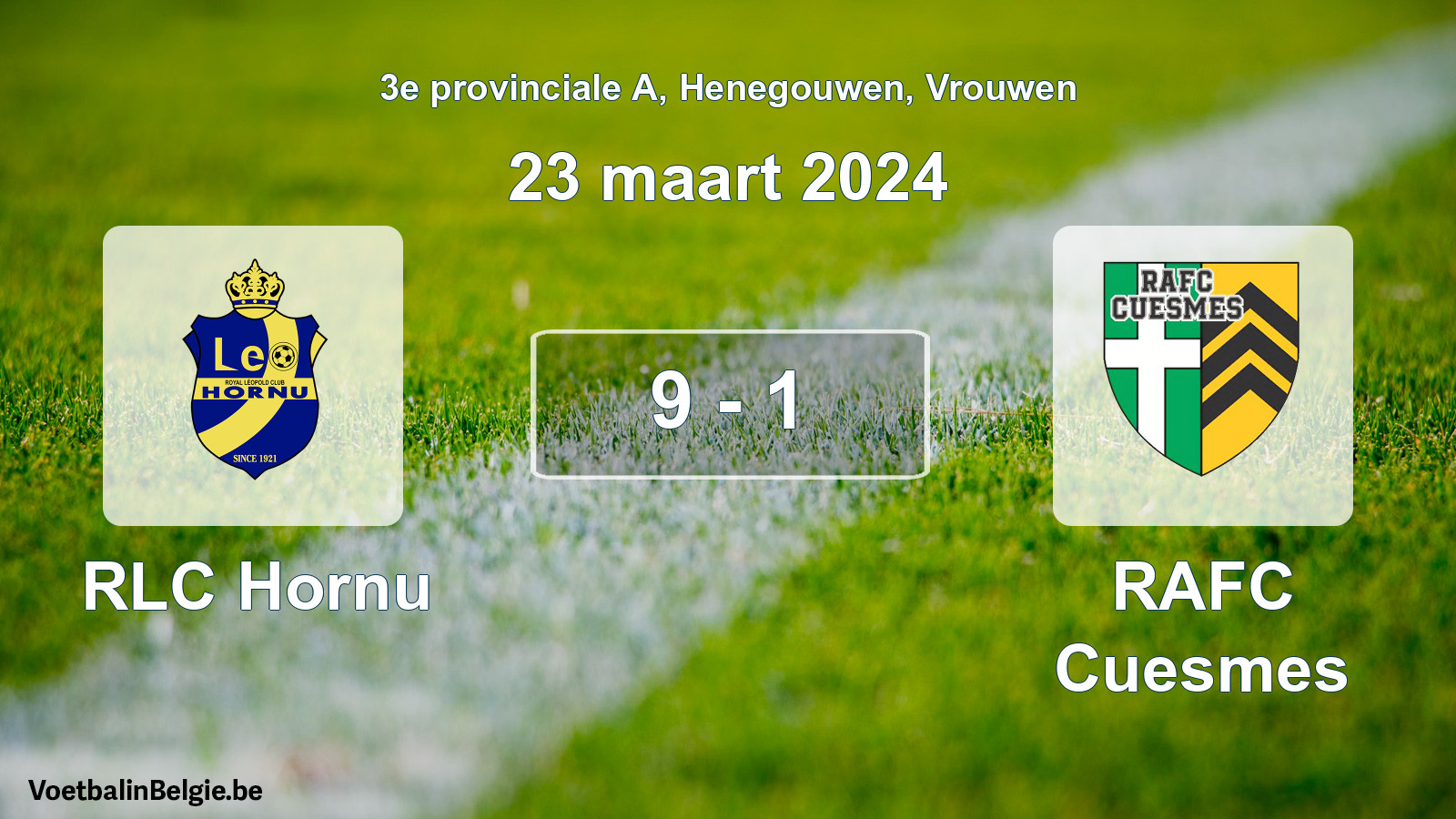 Gespeelde wedstrijd vrouwenvoetbal: RLC Hornu - RAFC Cuesmes 9 - 1 (23 maart 2024)
