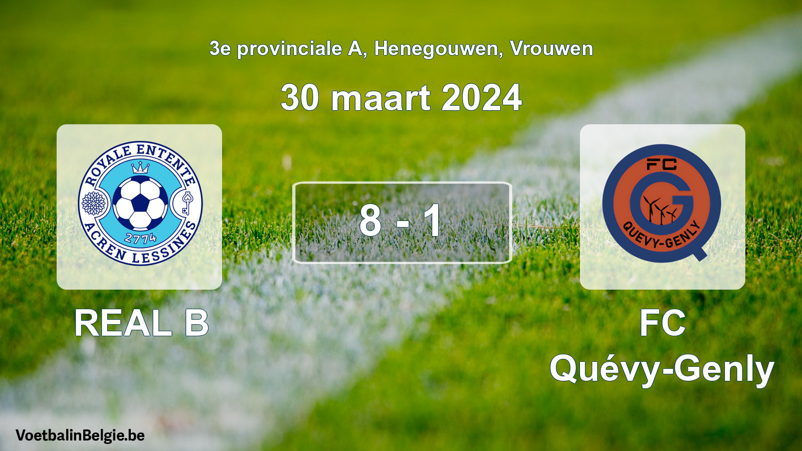 Gespeelde wedstrijd vrouwenvoetbal: REAL B - FC Quévy-Genly 8 - 1 (30 maart 2024)
