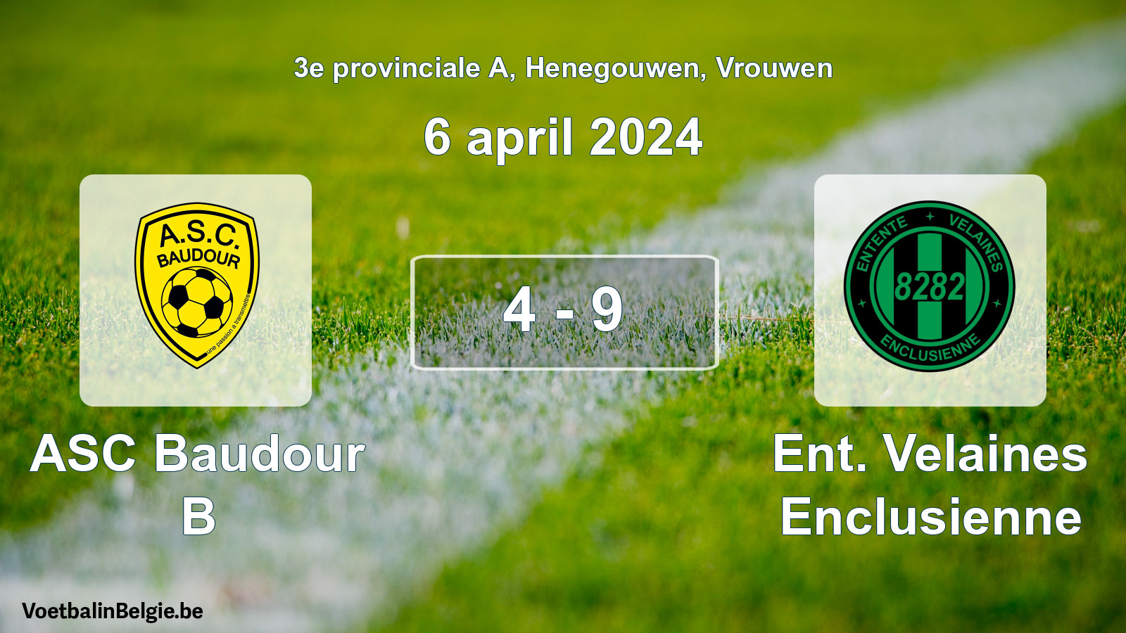 Gespeelde wedstrijd vrouwenvoetbal: ASC Baudour B - Ent. Velaines Enclusienne 4 - 9 (6 april 2024)
