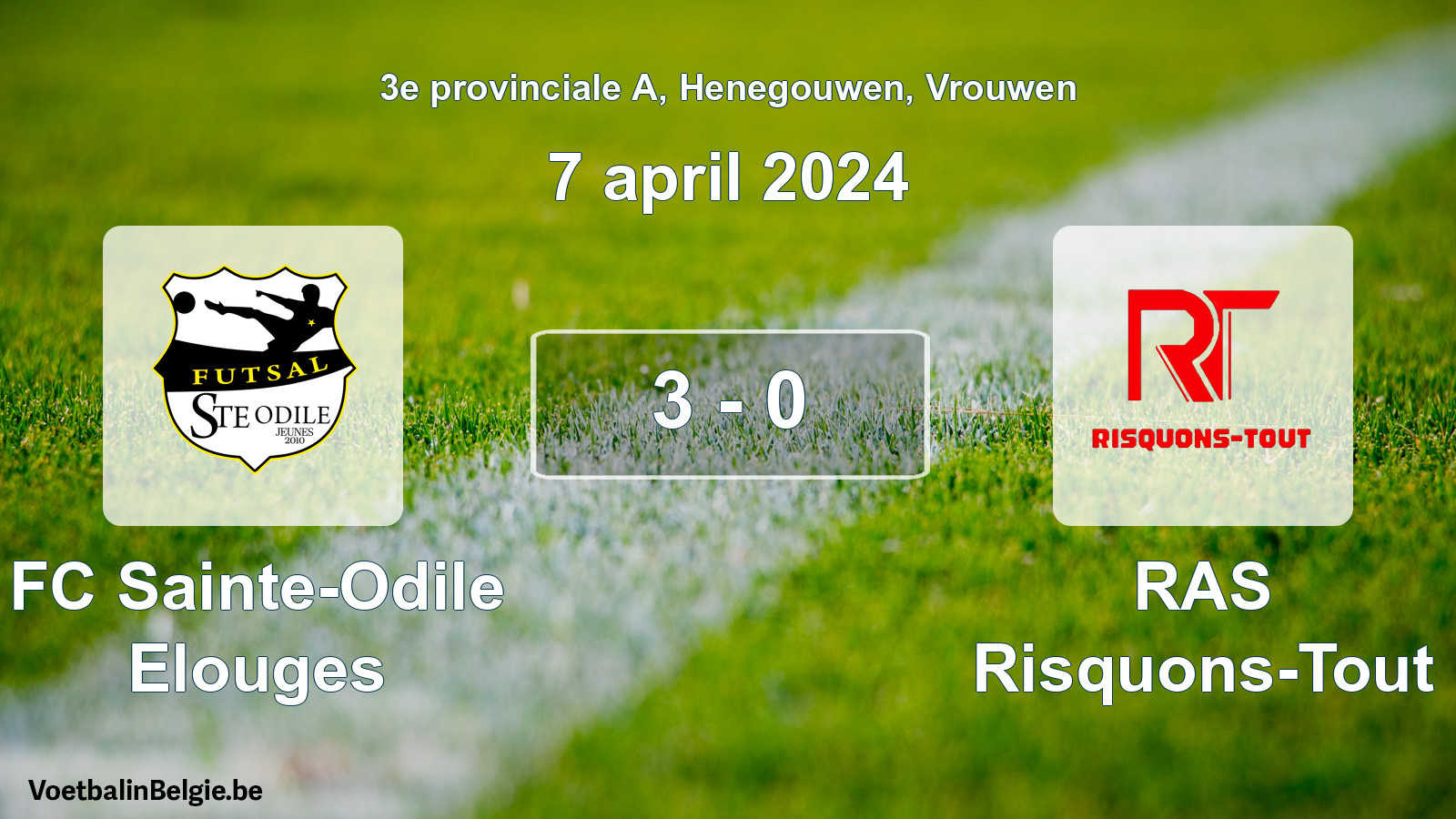 Played match women football: FC Sainte-Odile Elouges - RAS Risquons-Tout 3 - 0 (7 April 2024)