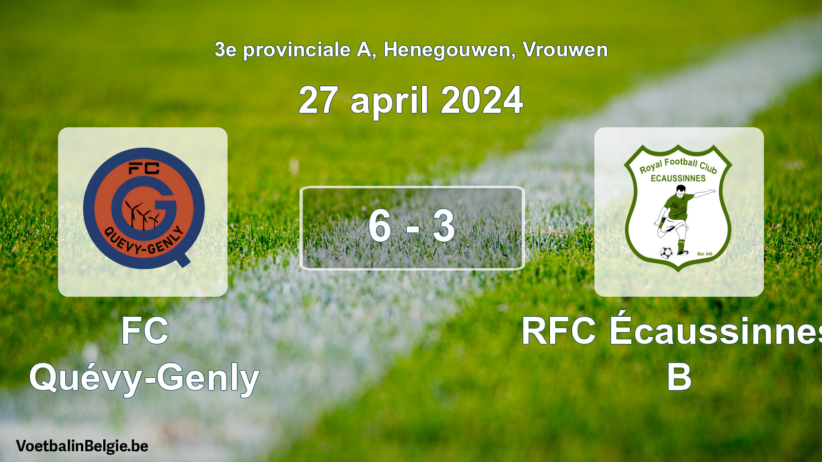 Gespeelde wedstrijd vrouwenvoetbal: FC Quévy-Genly - RFC Écaussinnes B 6 - 3 (27 april 2024)