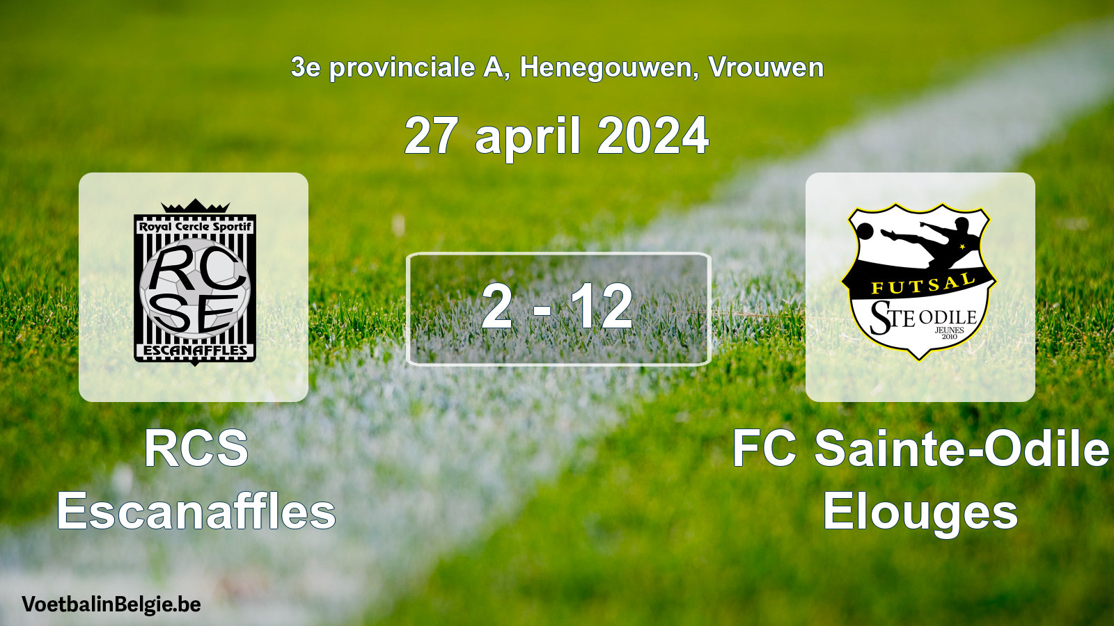 Gespeelde wedstrijd vrouwenvoetbal: RCS Escanaffles - FC Sainte-Odile Elouges 2 - 12 (27 april 2024)
