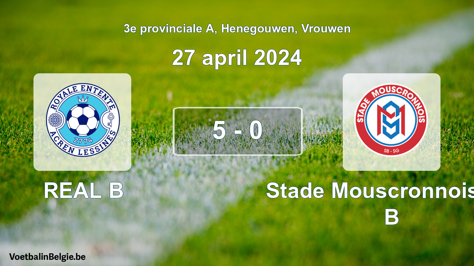Gespeelde wedstrijd vrouwenvoetbal: REAL B - Stade Mouscronnois SG B 5 - 0 (27 april 2024)