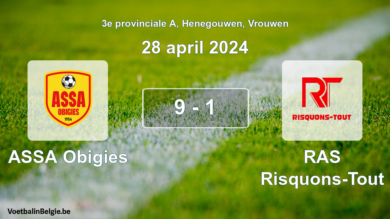 Gespeelde wedstrijd vrouwenvoetbal: ASSA Obigies - RAS Risquons-Tout 9 - 1 (28 april 2024)