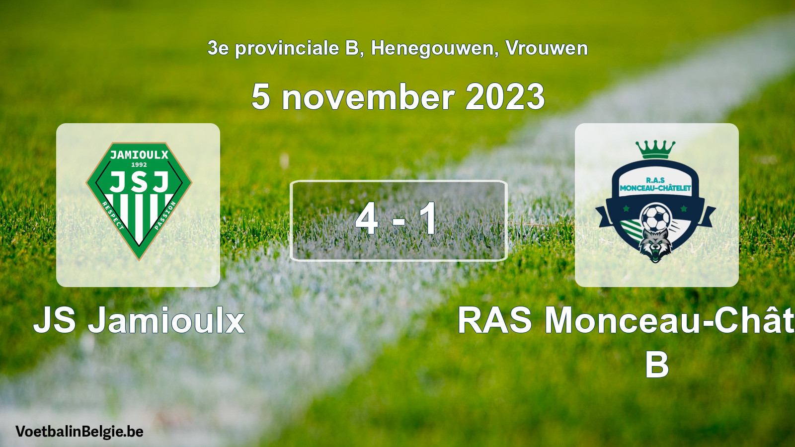 Gespeelde wedstrijd vrouwenvoetbal: JS Jamioulx - RAS Monceau-Châtelet B 4 - 1 (5 november 2023)