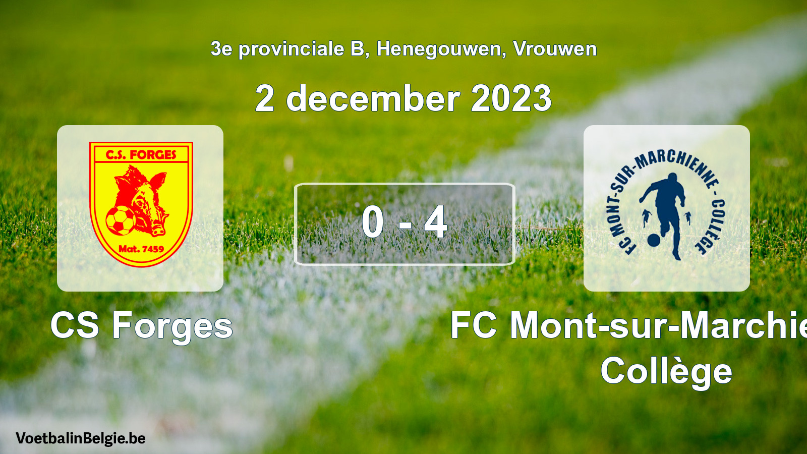 Gespeelde wedstrijd vrouwenvoetbal: CS Forges - FC Mont-sur-Marchienne Collège 0 - 4 (2 december 2023)