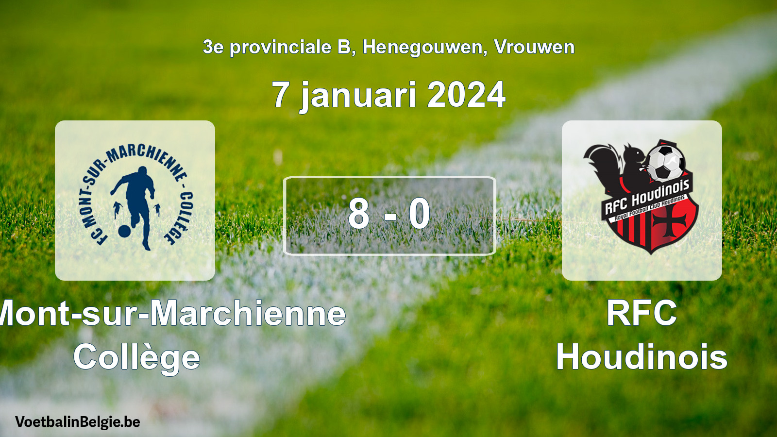 Gespeelde wedstrijd vrouwenvoetbal: FC Mont-sur-Marchienne Collège - RFC Houdinois 8 - 0 (7 januari 2024)