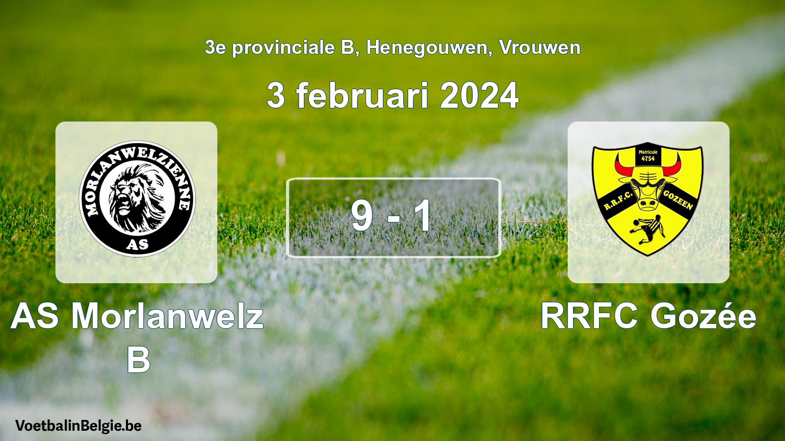 Gespeelde wedstrijd vrouwenvoetbal: AS Morlanwelz B - RRFC Gozée 9 - 1 (3 februari 2024)