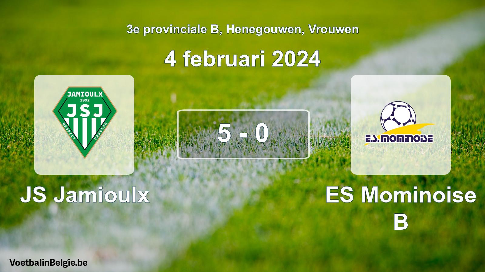 Gespeelde wedstrijd vrouwenvoetbal: JS Jamioulx - ES Mominoise B 5 - 0 (4 februari 2024)