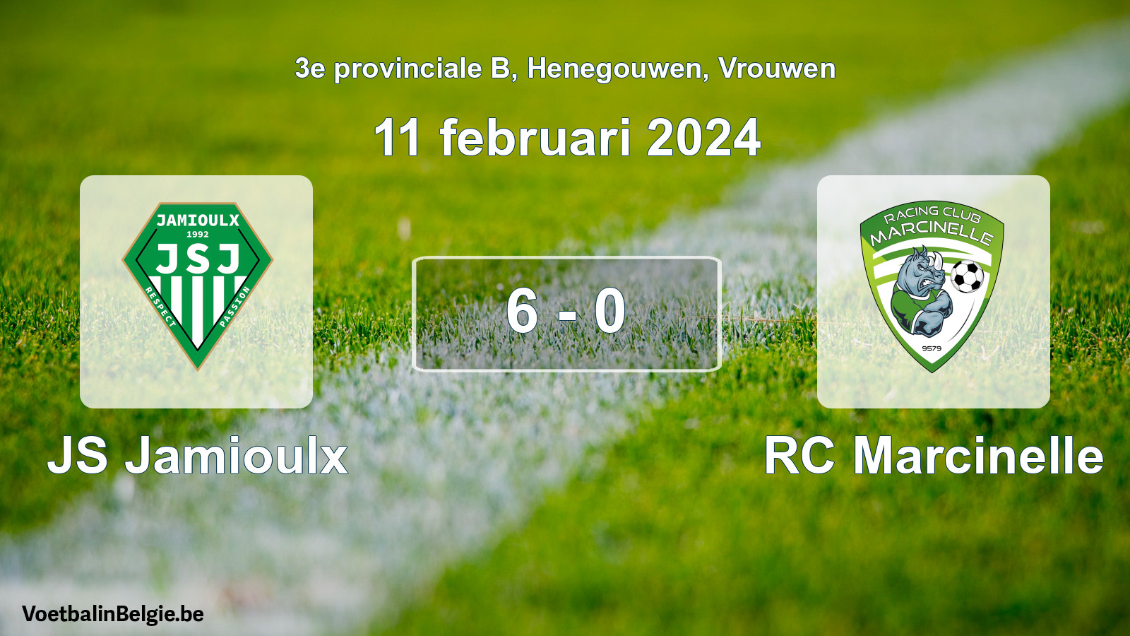 Gespeelde wedstrijd vrouwenvoetbal: JS Jamioulx - RC Marcinelle 6 - 0 (11 februari 2024)