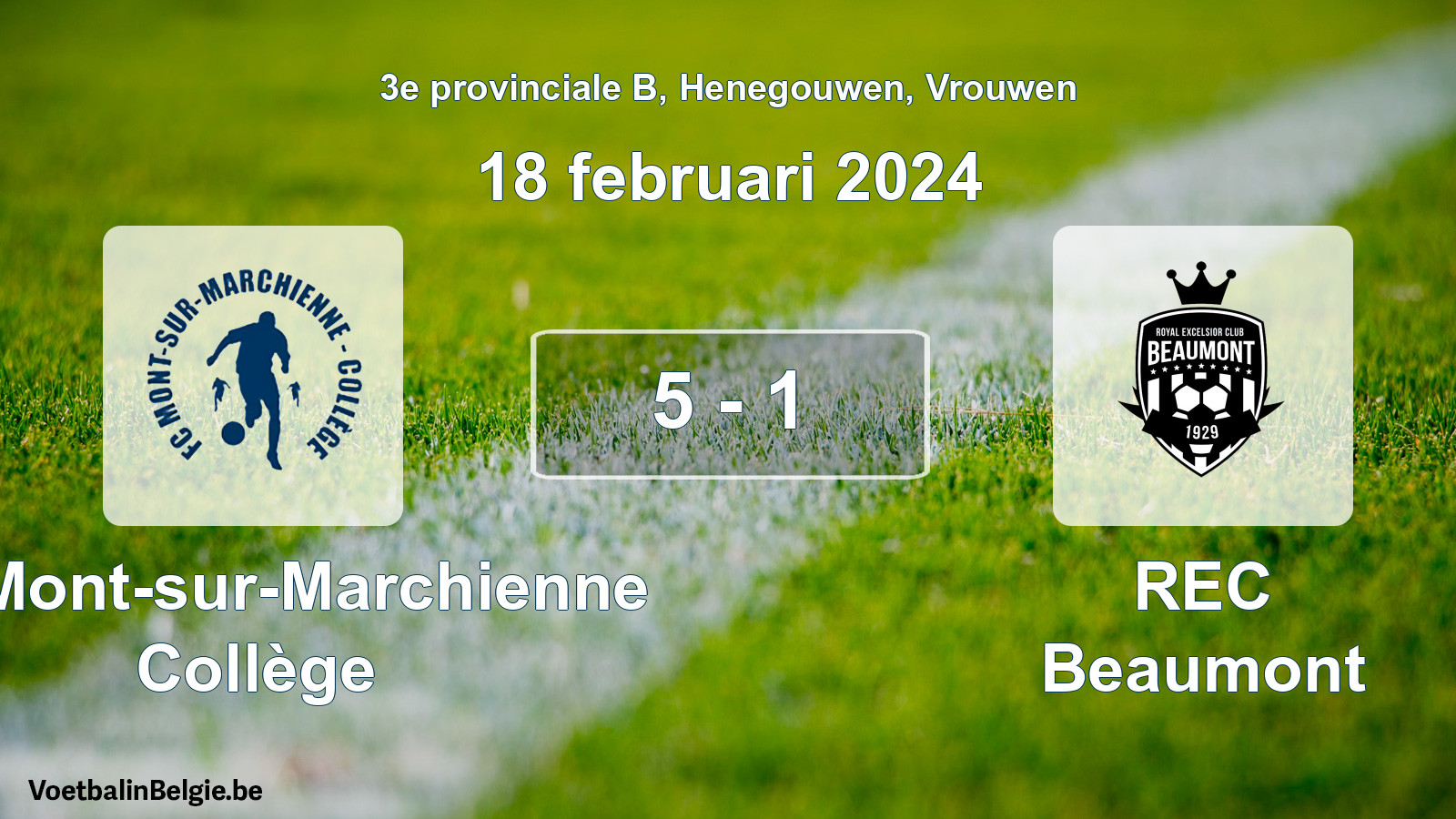 Gespeelde wedstrijd vrouwenvoetbal: FC Mont-sur-Marchienne Collège - REC Beaumont 5 - 1 (18 februari 2024)