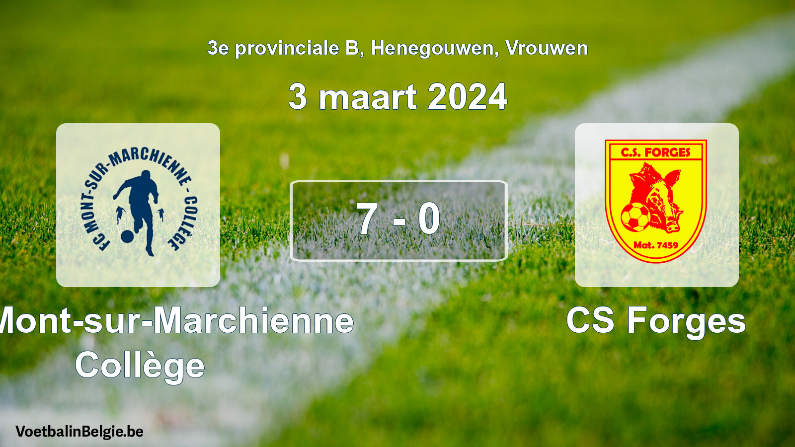 Gespeelde wedstrijd vrouwenvoetbal: FC Mont-sur-Marchienne Collège - CS Forges 7 - 0 (3 maart 2024)