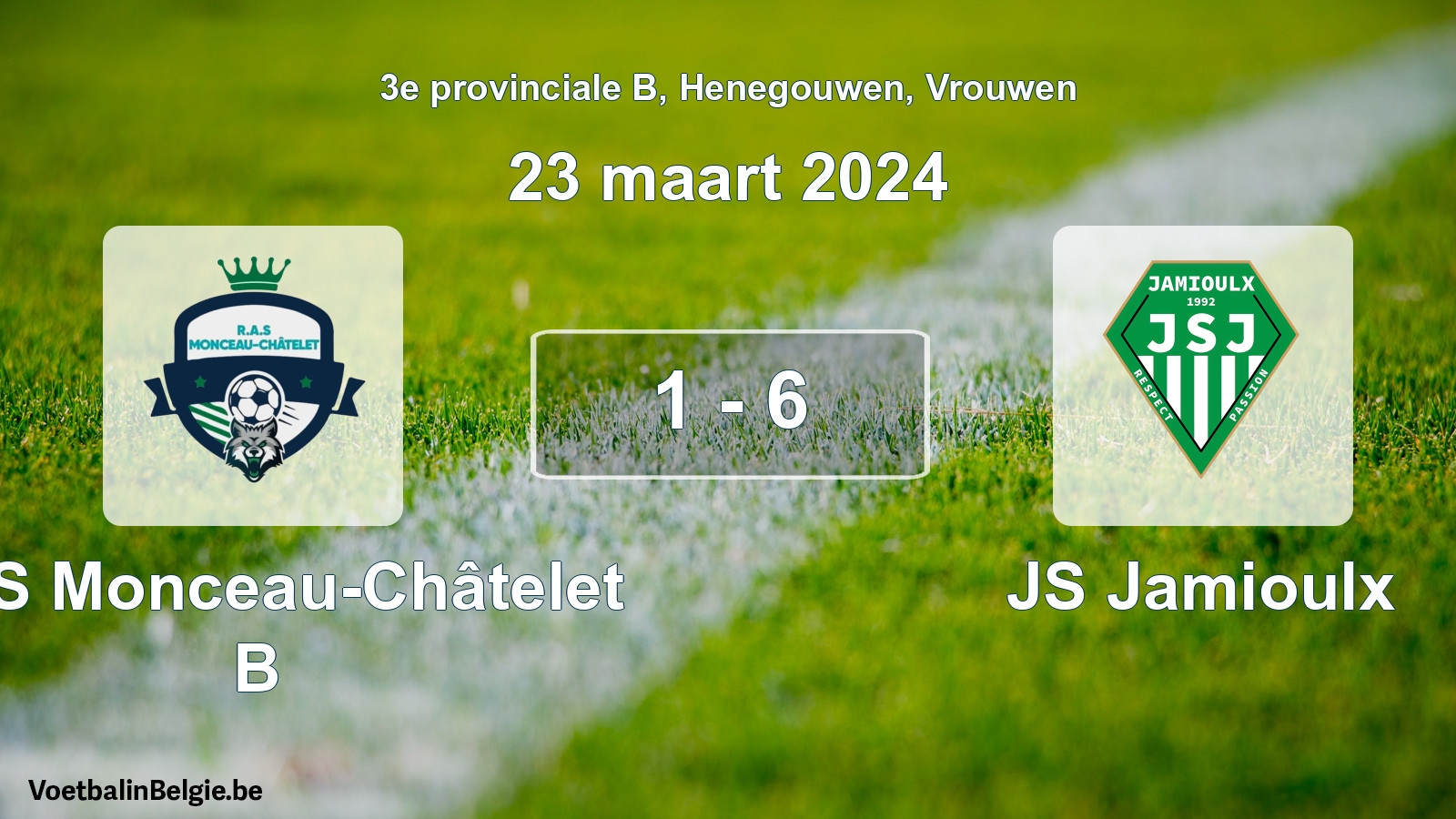 Gespeelde wedstrijd vrouwenvoetbal: RAS Monceau-Châtelet B - JS Jamioulx 1 - 6 (23 maart 2024)