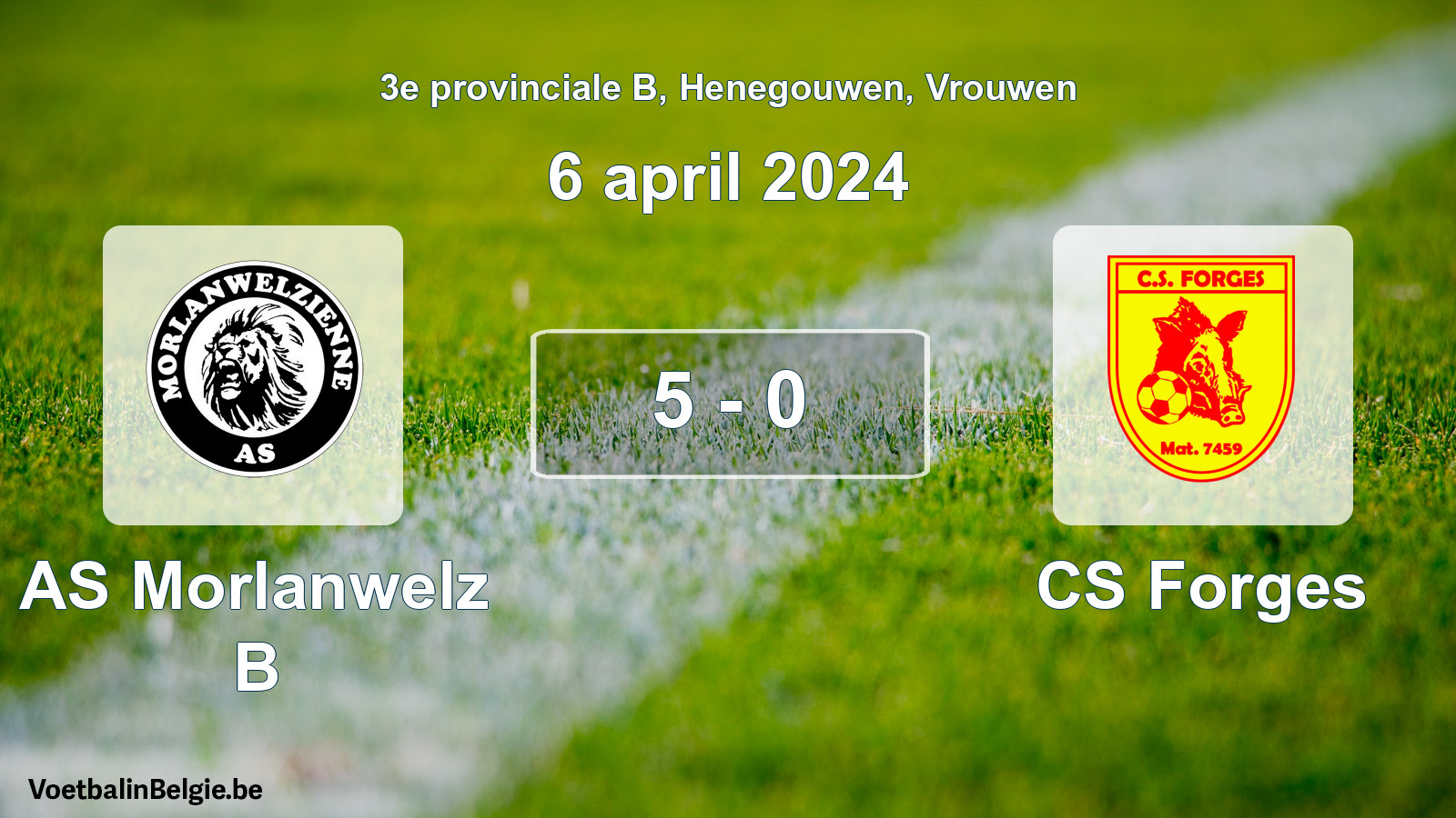 Gespeelde wedstrijd vrouwenvoetbal: AS Morlanwelz B - CS Forges 5 - 0 (6 april 2024)