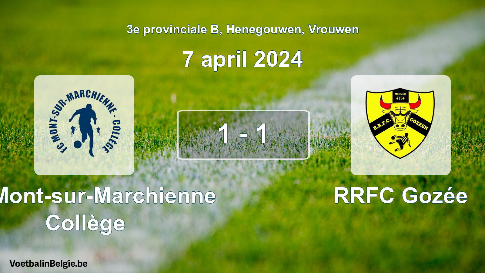 Gespeelde wedstrijd vrouwenvoetbal: FC Mont-sur-Marchienne Collège - RRFC Gozée 1 - 1 (7 april 2024)