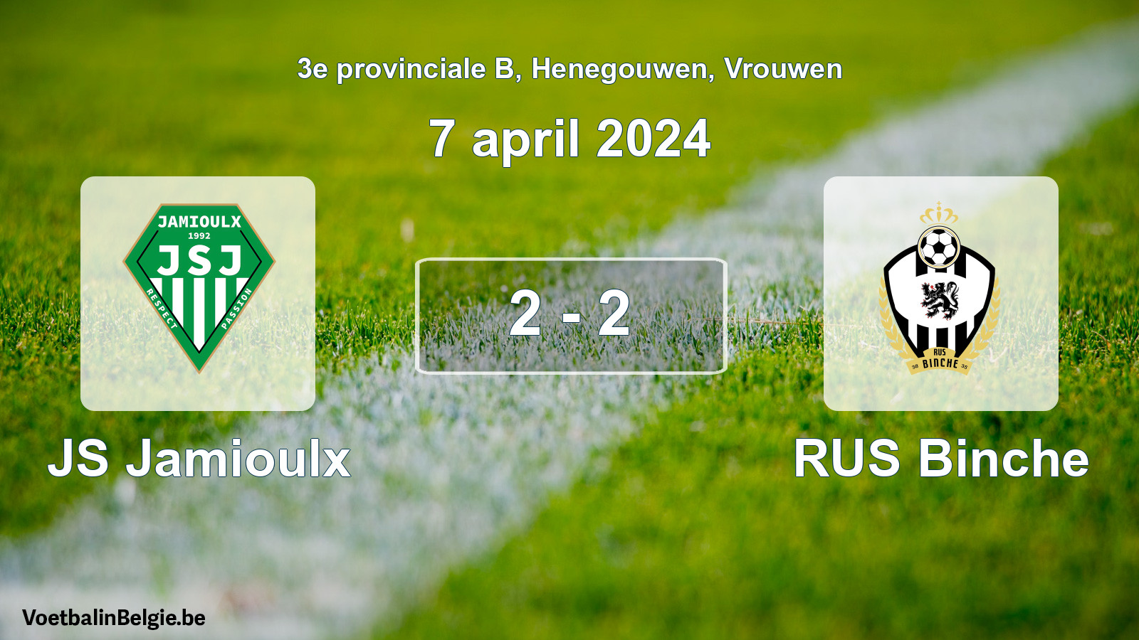 Gespeelde wedstrijd vrouwenvoetbal: JS Jamioulx - RUS Binche 2 - 2 (7 april 2024)
