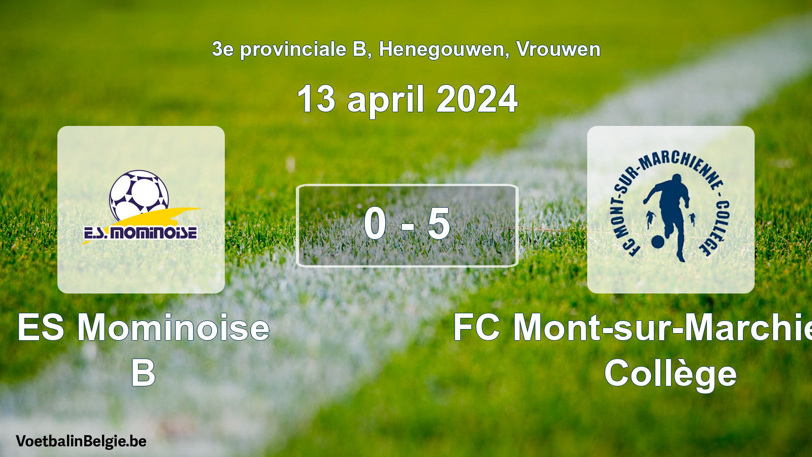 Gespeelde wedstrijd vrouwenvoetbal: ES Mominoise B - FC Mont-sur-Marchienne Collège 0 - 5 (13 april 2024)