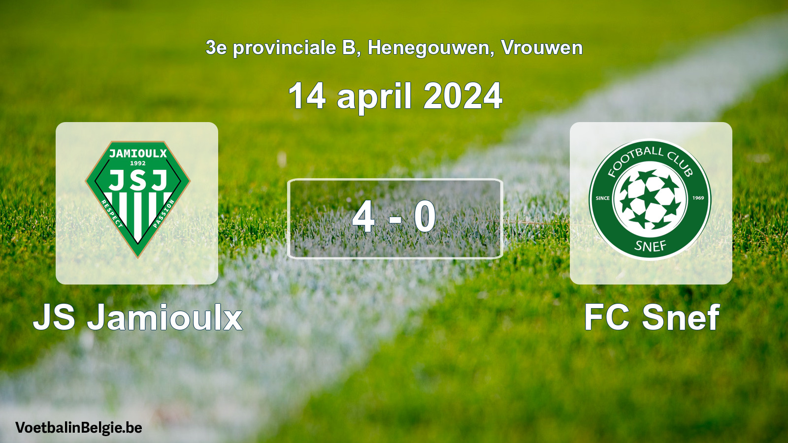 Gespeelde wedstrijd vrouwenvoetbal: JS Jamioulx - FC Snef 4 - 0 (14 april 2024)