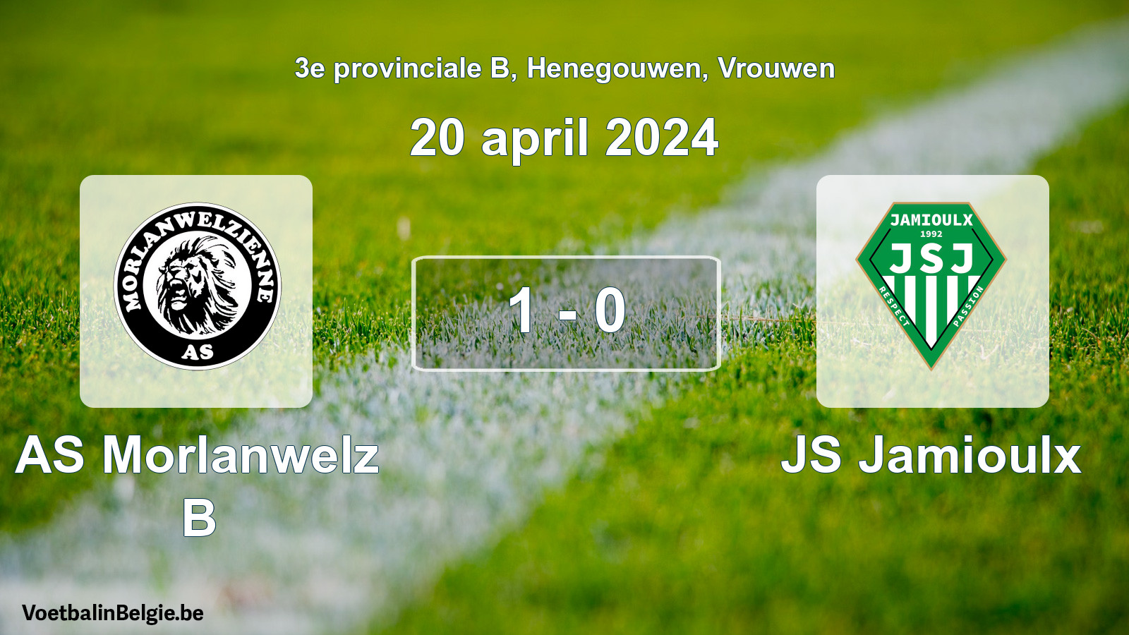 Gespeelde wedstrijd vrouwenvoetbal: AS Morlanwelz B - JS Jamioulx 1 - 0 (20 april 2024)