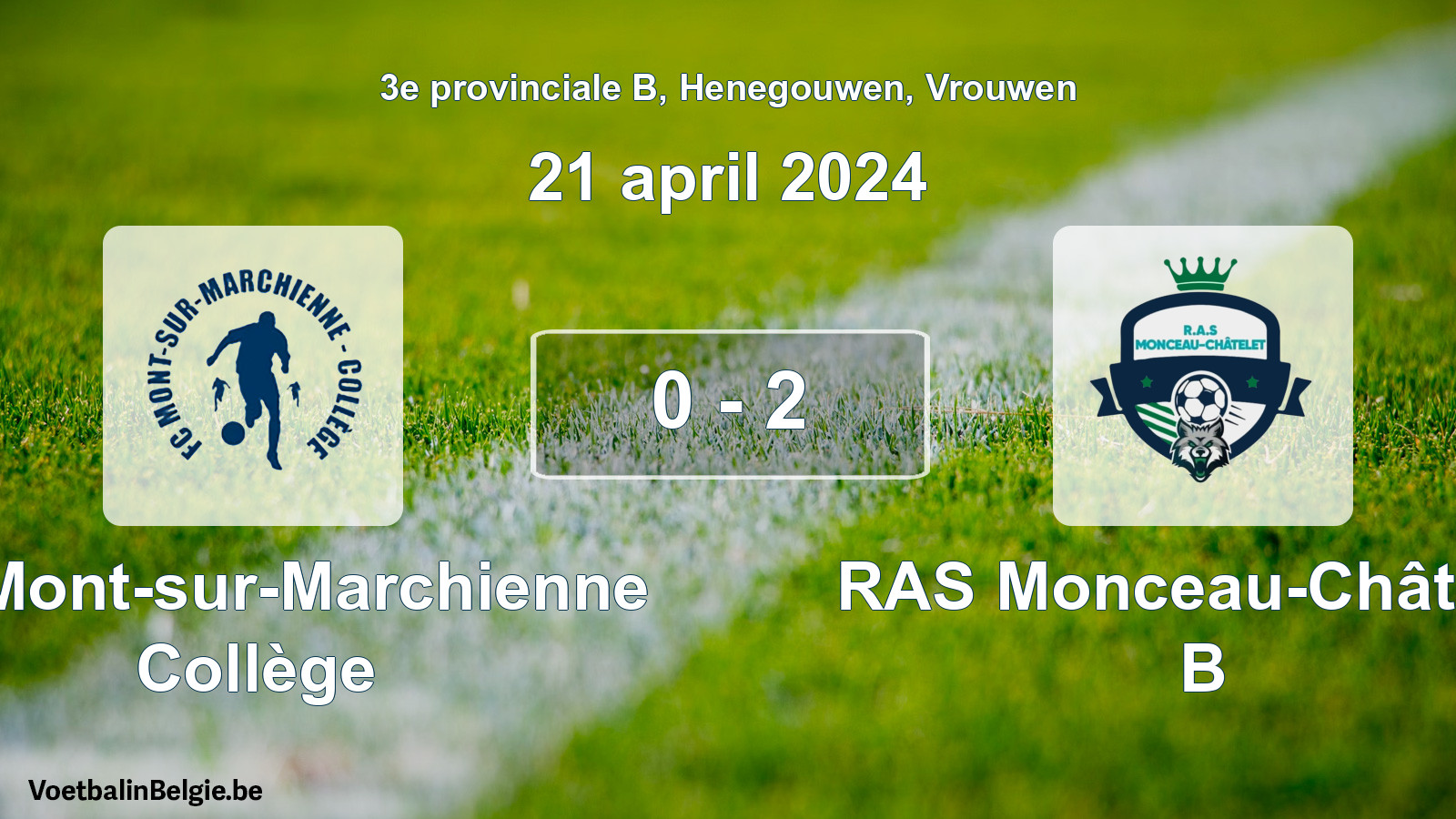 Gespeelde wedstrijd vrouwenvoetbal: FC Mont-sur-Marchienne Collège - RAS Monceau-Châtelet B 0 - 2 (21 april 2024)