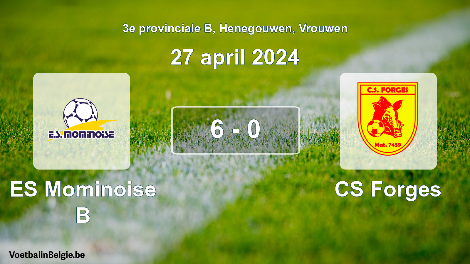 Gespeelde wedstrijd vrouwenvoetbal: ES Mominoise B - CS Forges 6 - 0 (27 april 2024)