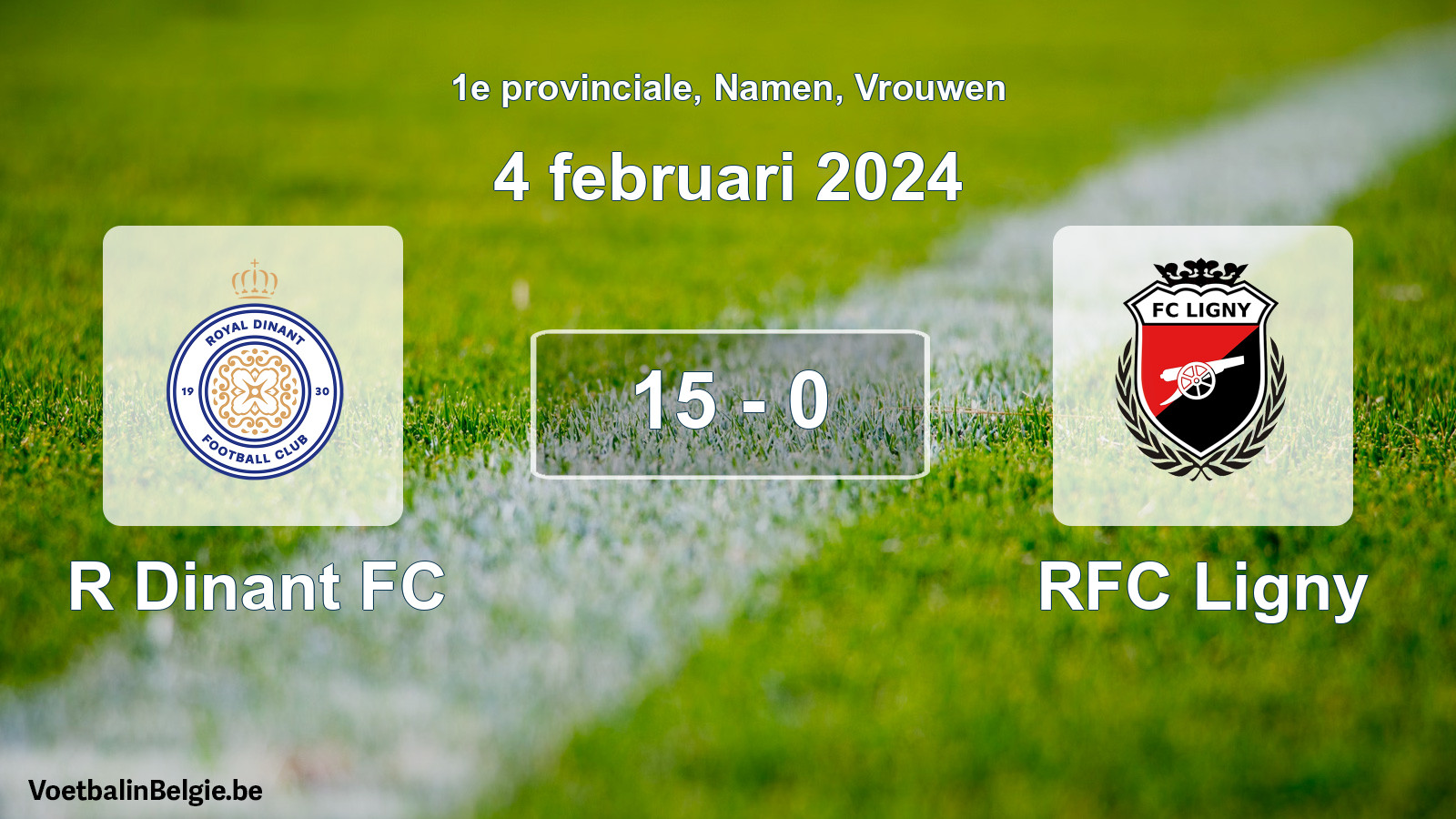 Gespeelde wedstrijd vrouwenvoetbal: R Dinant FC - RFC Ligny 15 - 0 (4 februari 2024)