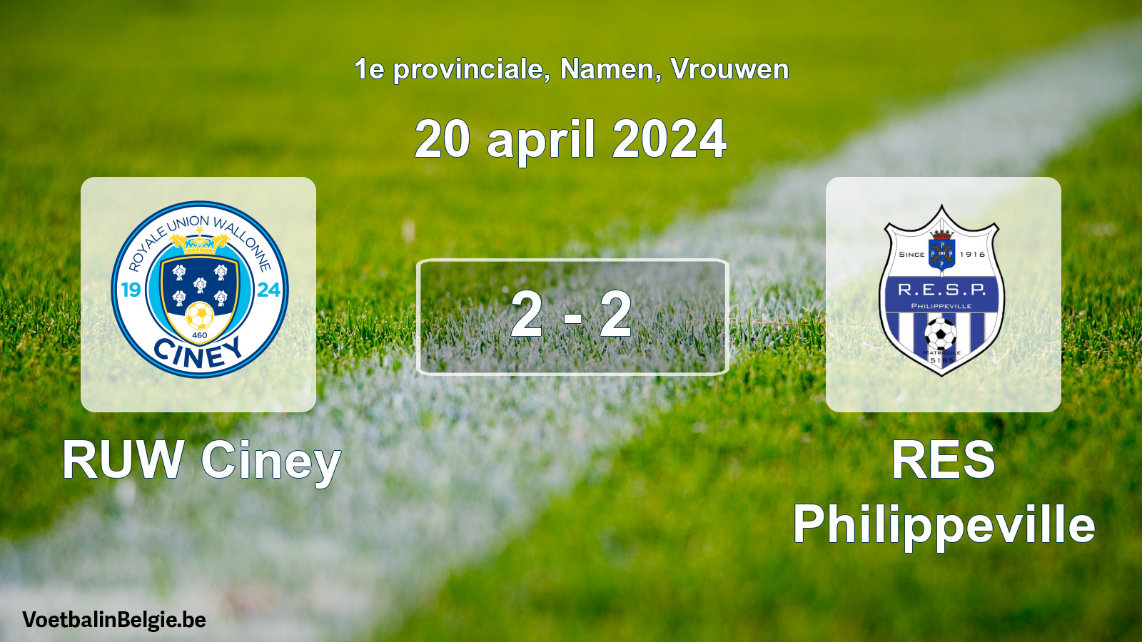 Gespeelde wedstrijd vrouwenvoetbal: RUW Ciney - RES Philippeville 2 - 2 (20 april 2024)
