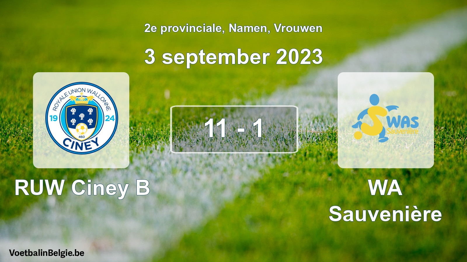 Gespeelde wedstrijd vrouwenvoetbal: RUW Ciney B - WA Sauvenière 11 - 1 (3 september 2023)