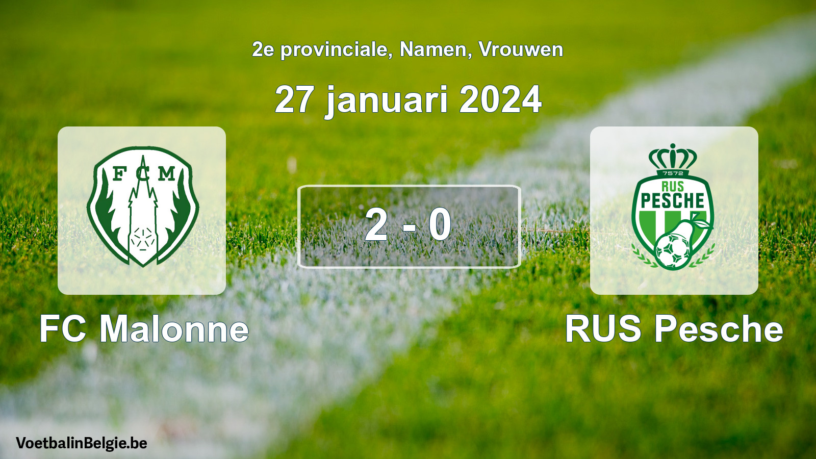 Gespeelde wedstrijd vrouwenvoetbal: FC Malonne - RUS Pesche 2 - 0 (27 januari 2024)