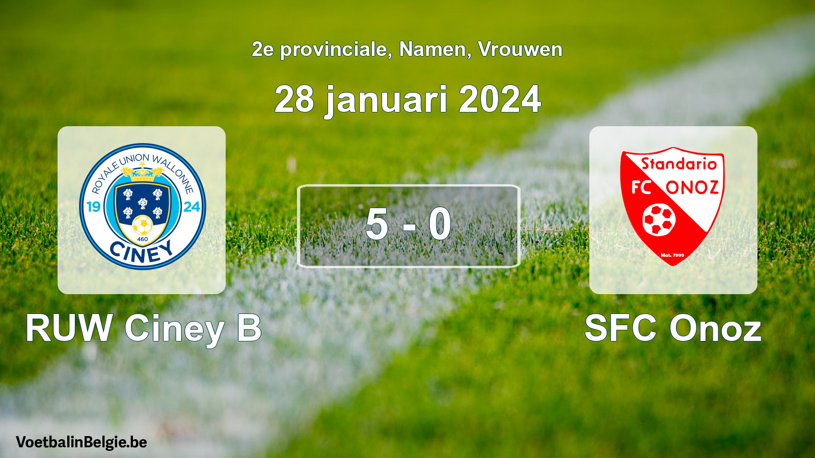 Gespeelde wedstrijd vrouwenvoetbal: RUW Ciney B - SFC Onoz 5 - 0 (28 januari 2024)