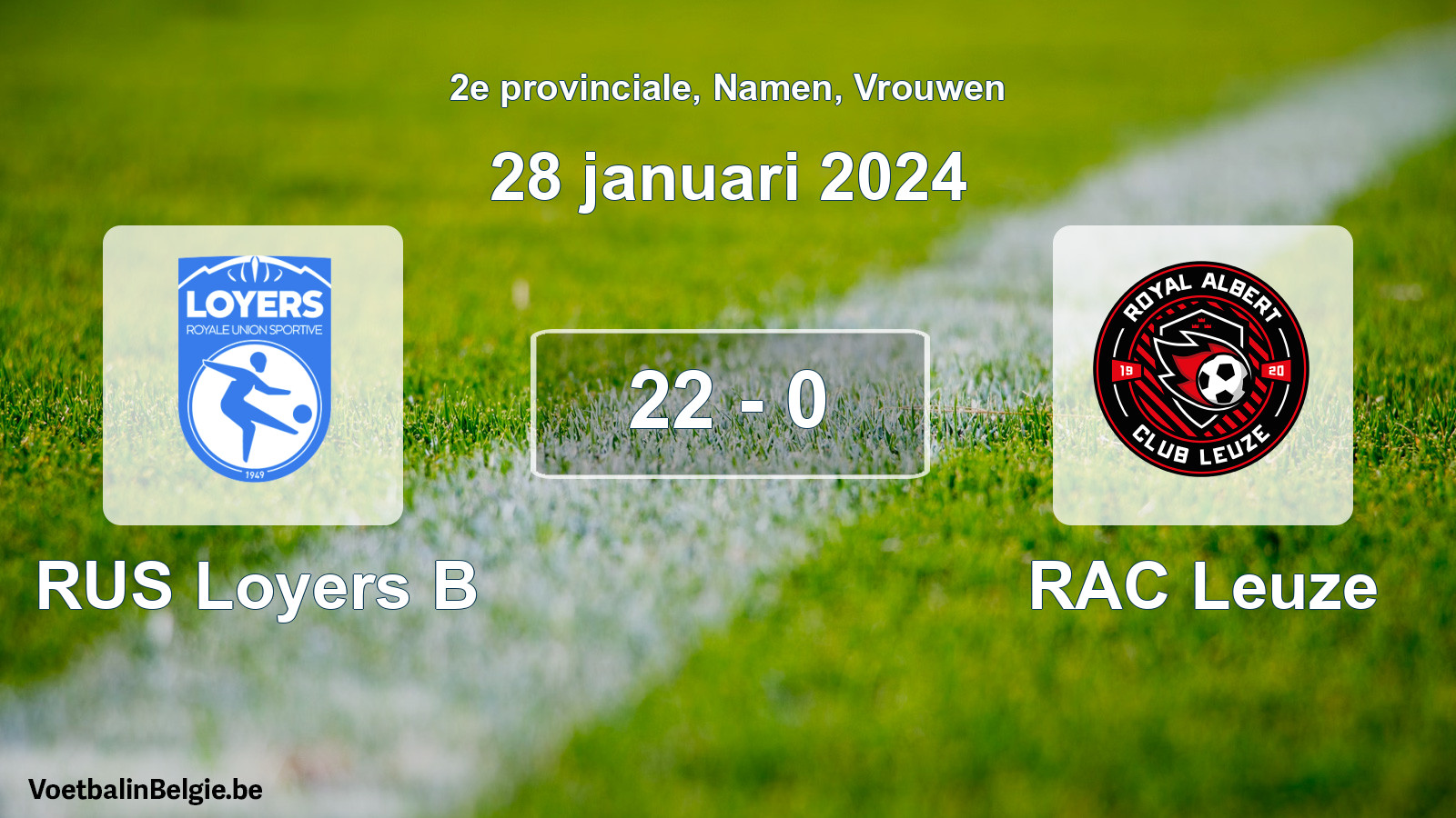 Gespeelde wedstrijd vrouwenvoetbal: RUS Loyers B - RAC Leuze 22 - 0 (28 januari 2024)