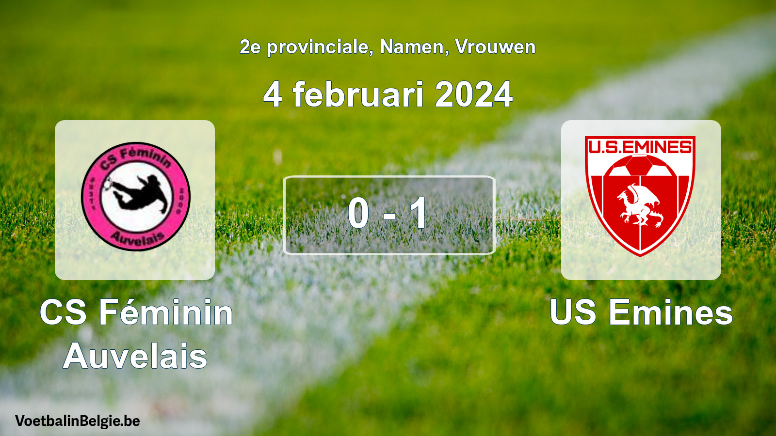 Gespeelde wedstrijd vrouwenvoetbal: CS Féminin Auvelais - US Emines 0 - 1 (4 februari 2024)