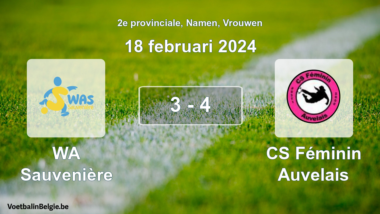 Gespeelde wedstrijd vrouwenvoetbal: WA Sauvenière - CS Féminin Auvelais 3 - 4 (18 februari 2024)