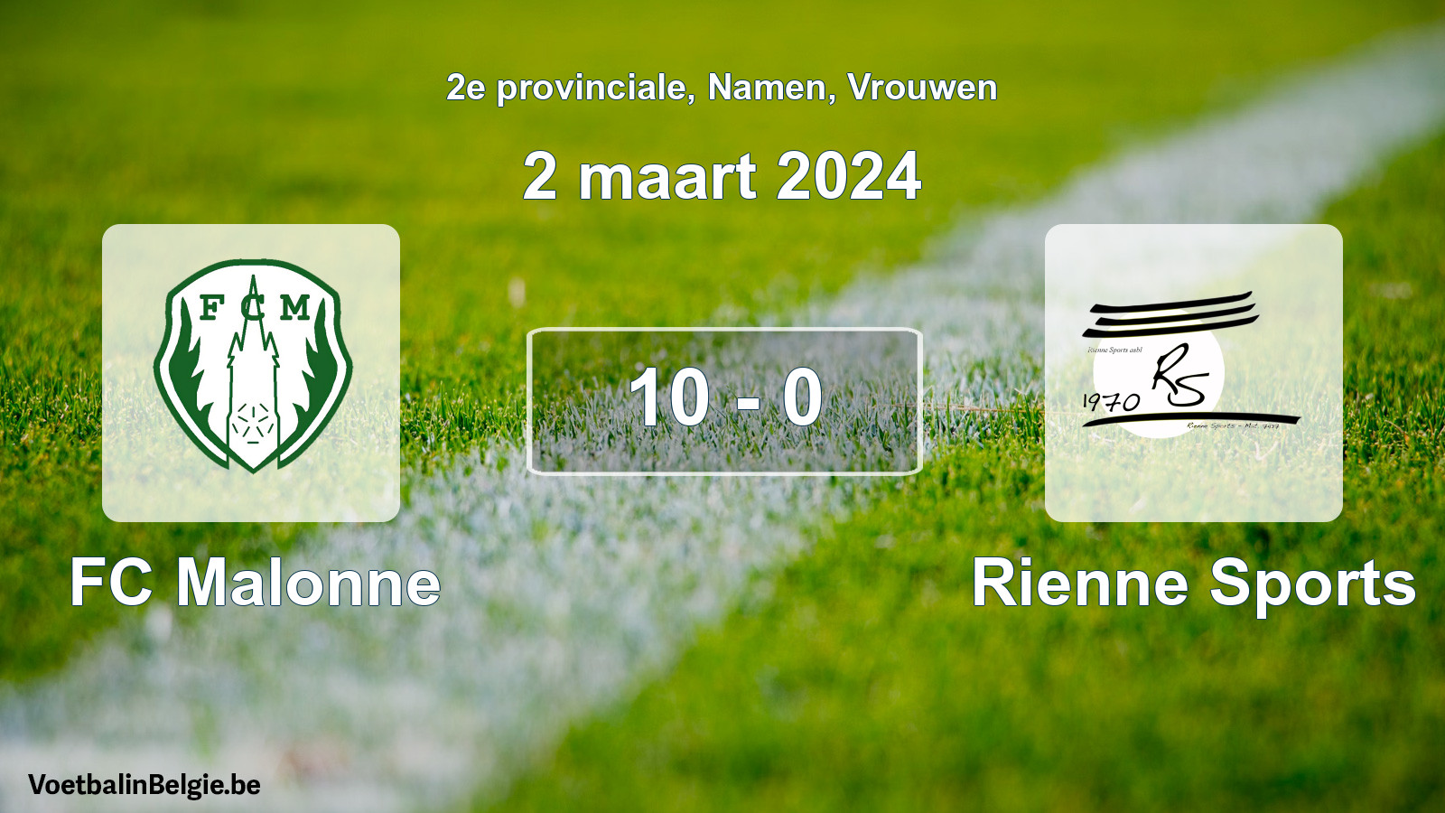 Gespeelde wedstrijd vrouwenvoetbal: FC Malonne - Rienne Sports 10 - 0 (2 maart 2024)