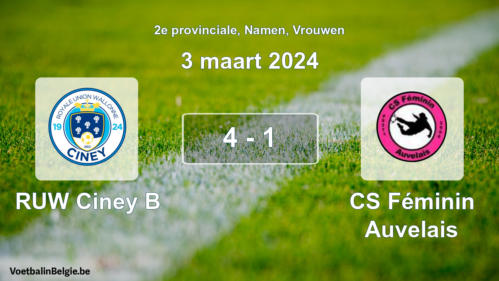 Played match women football: RUW Ciney B - CS Féminin Auvelais 4 - 1 (3 March 2024)