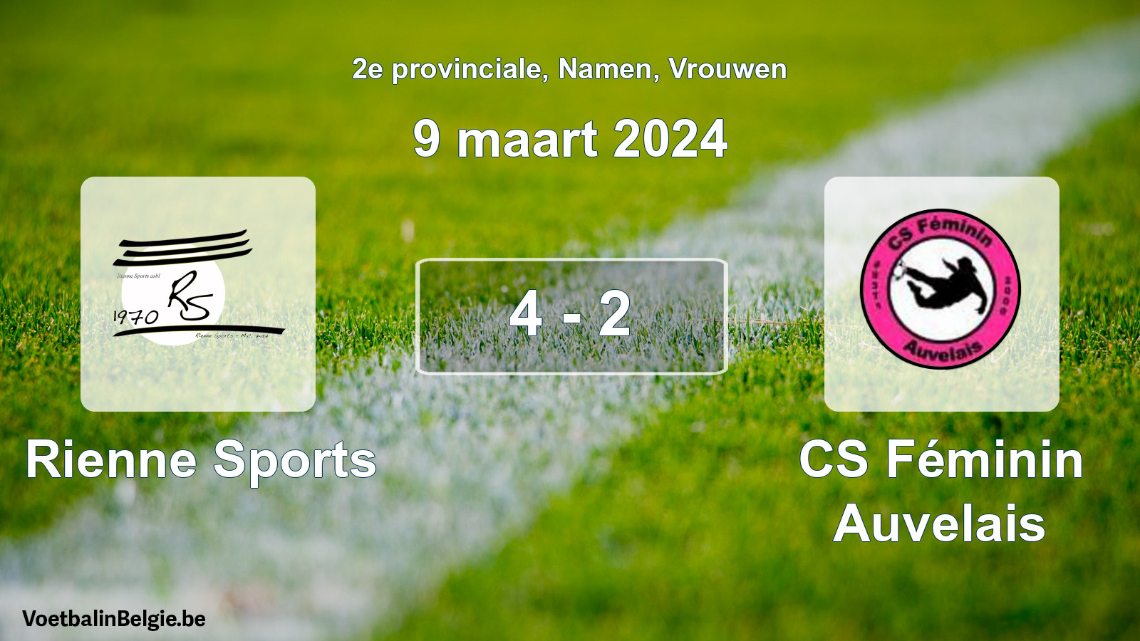 Gespeelde wedstrijd vrouwenvoetbal: Rienne Sports - CS Féminin Auvelais 4 - 2 (9 maart 2024)