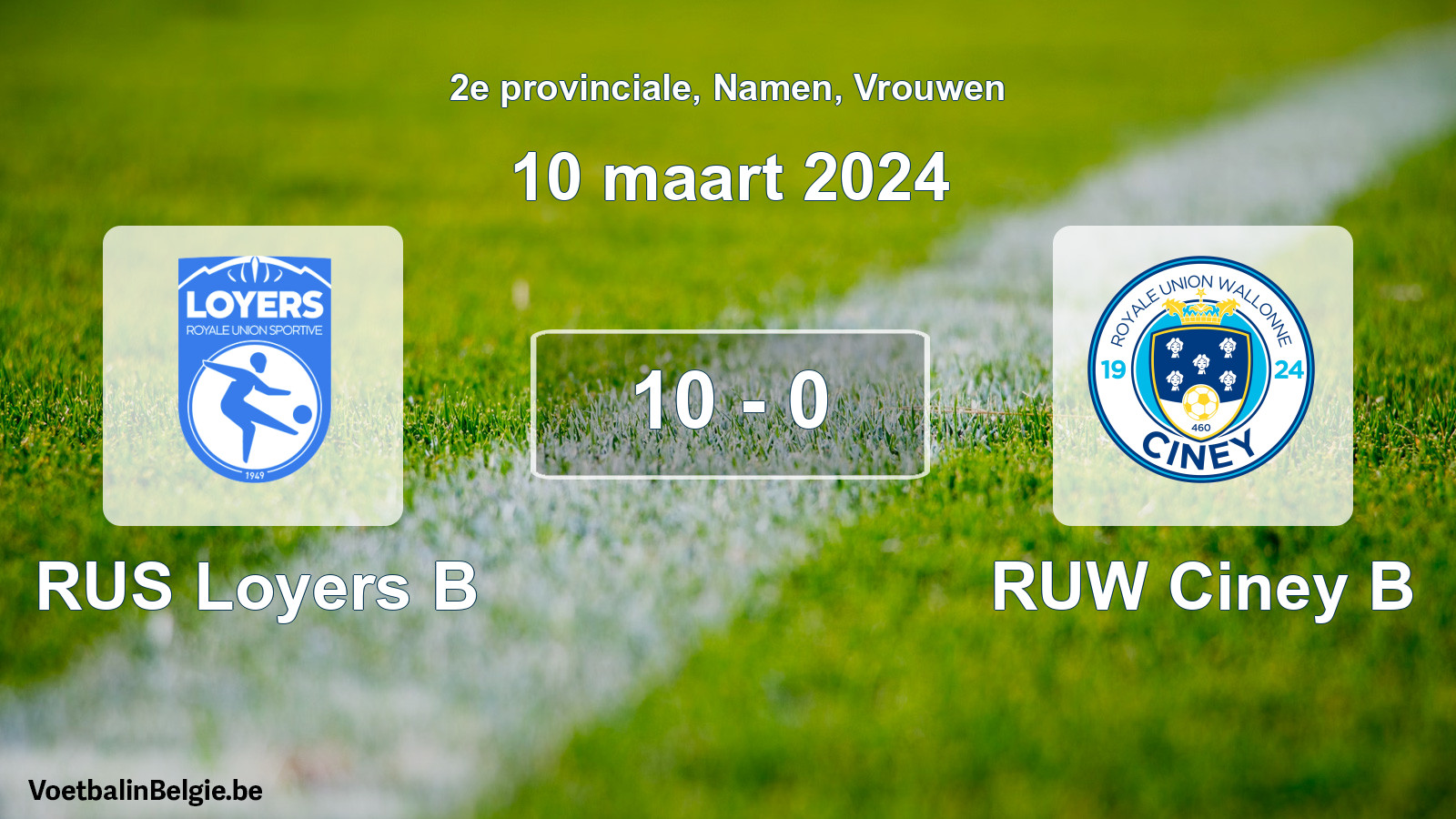 Gespeelde wedstrijd vrouwenvoetbal: RUS Loyers B - RUW Ciney B 10 - 0 (10 maart 2024)