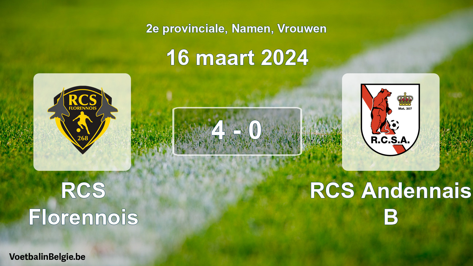 Gespeelde wedstrijd vrouwenvoetbal: RCS Florennois - RCS Andennais B 4 - 0 (16 maart 2024)