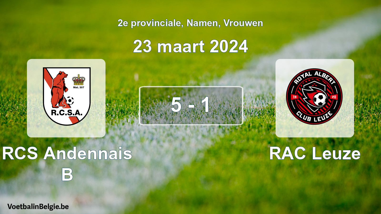 Gespeelde wedstrijd vrouwenvoetbal: RCS Andennais B - RAC Leuze 5 - 1 (23 maart 2024)
