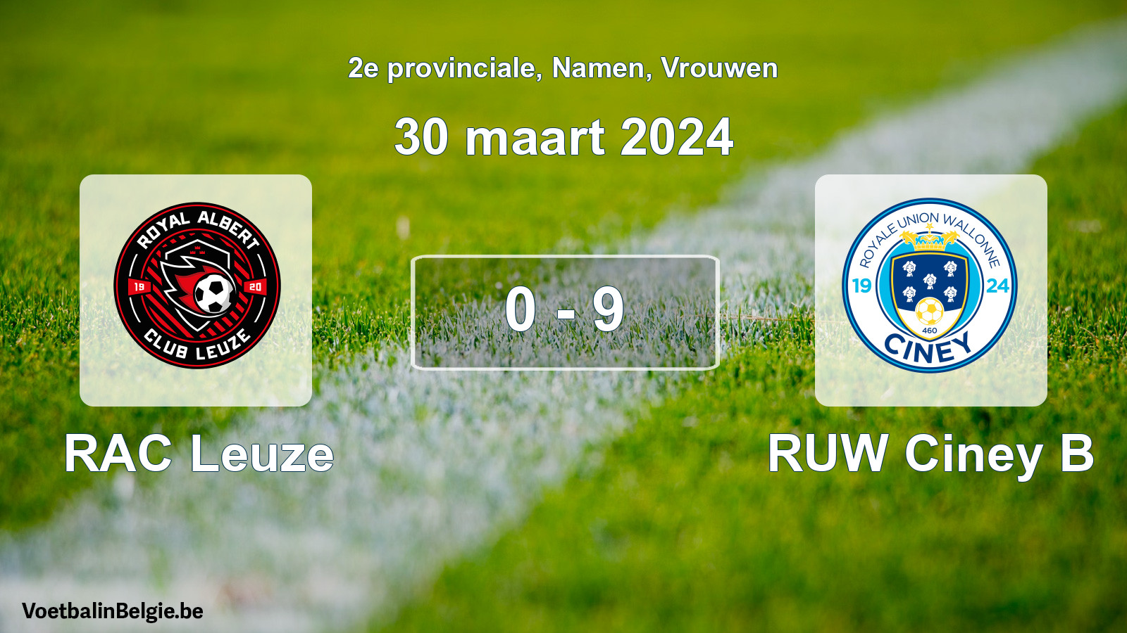 Gespeelde wedstrijd vrouwenvoetbal: RAC Leuze - RUW Ciney B 0 - 9 (30 maart 2024)